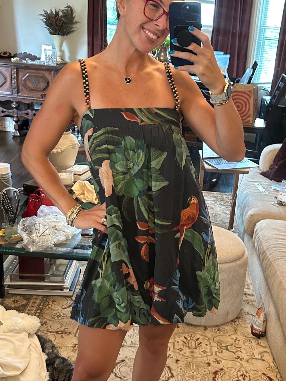 FARM Rio Black Tropical Floral & Bird Mini Dress